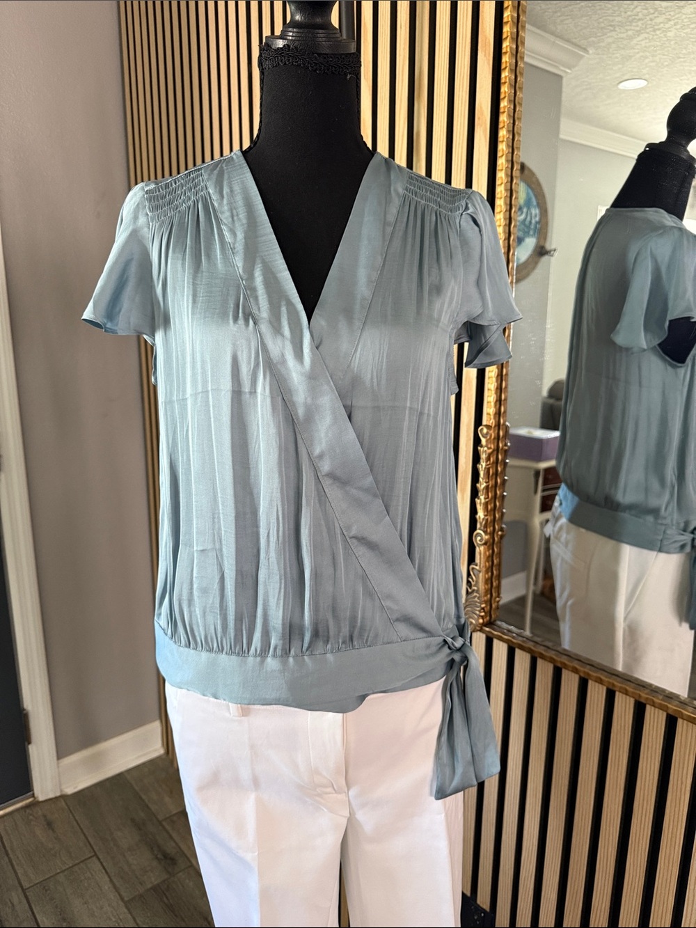 Banana Republic Pale Blue Wrap Tie Short Sleeve Blouse